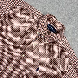 Ralph Lauren Shirt Men's Large Orange Check Classic Short Sleeve Pony Button Up